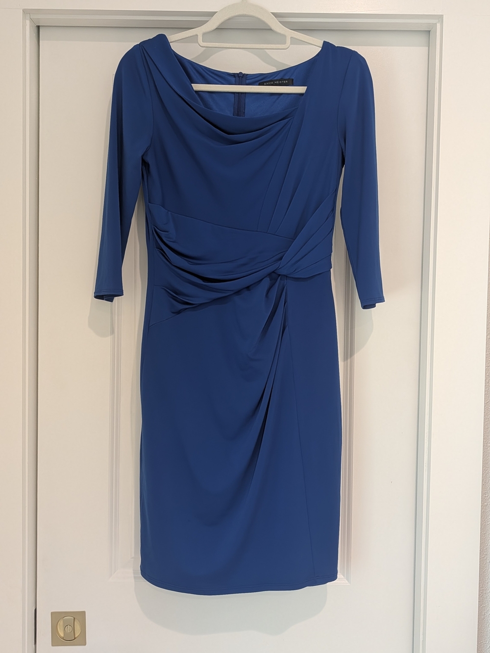 David Meister Cobalt Blue Draped Sheath Dress with Knot Waist Detail Size 2